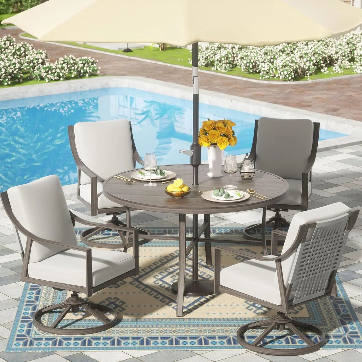 Outdoor Dining Set With Swivel Rocking Chairs And Round Table Umbrella Hole