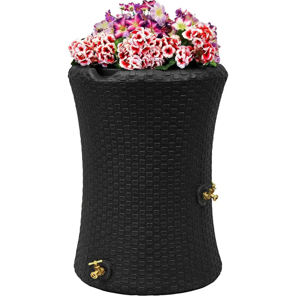 50 Gallon Outdoor Rainwater Barrel with Planter and Brass Tap, Black