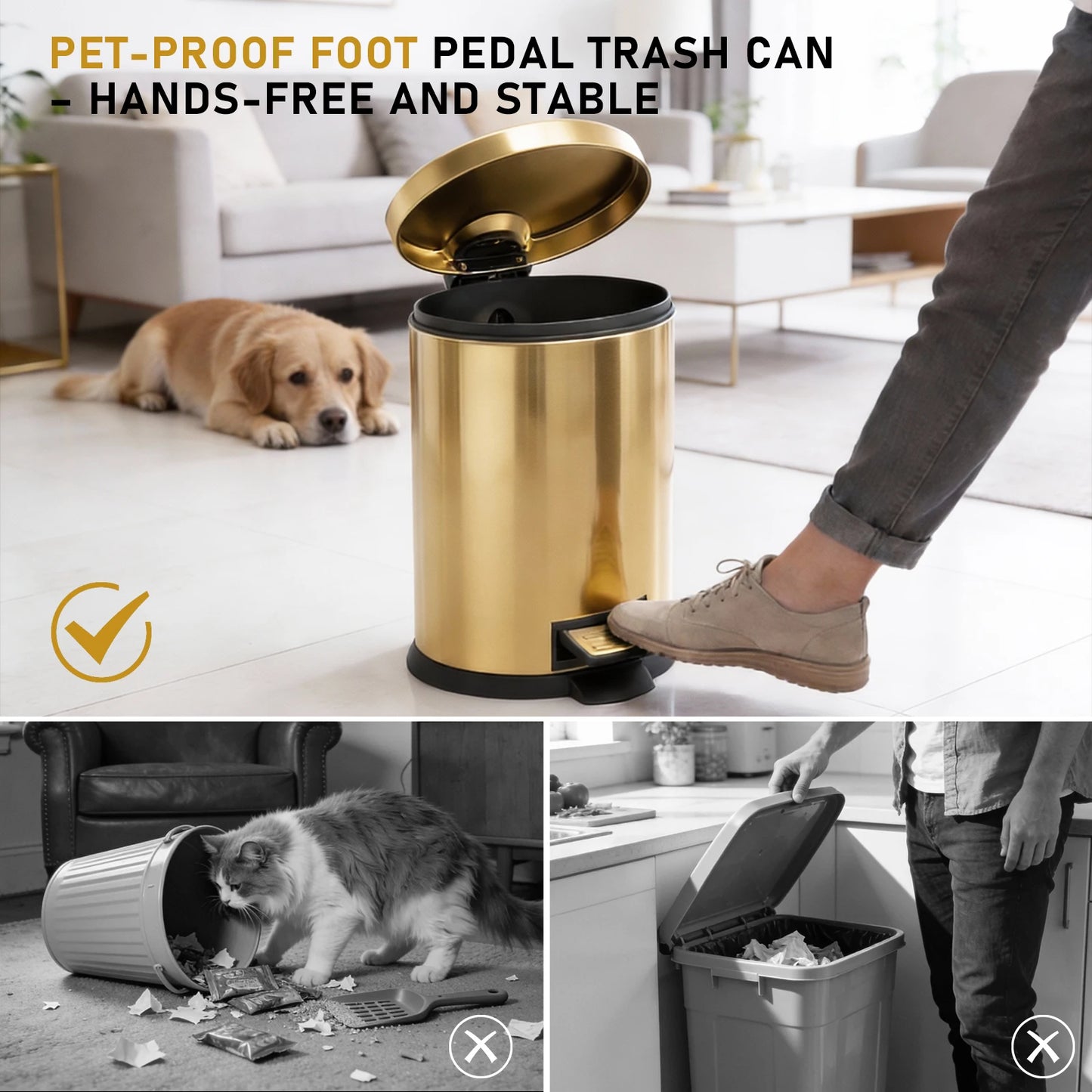 HANSMART Round Stainless Steel Trash Can Non Skid Base