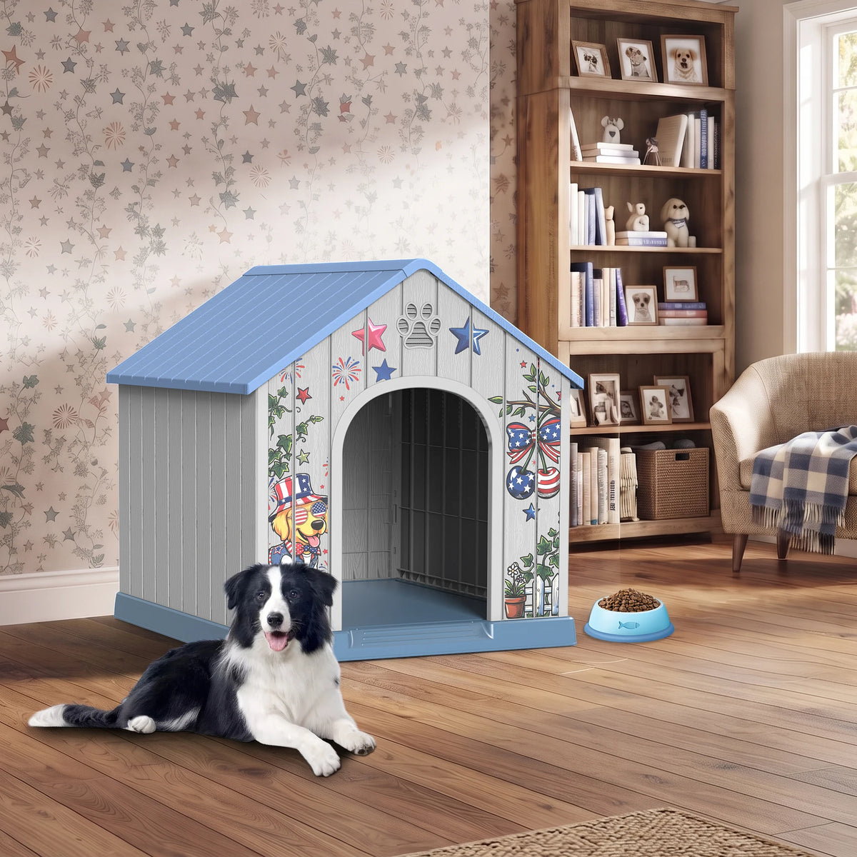 Outdoor Plastic Dog House, Weatherproof Pet Shelter with Printed Pattern Door, Outdoor Dog Cabin for Small Medium Dogs