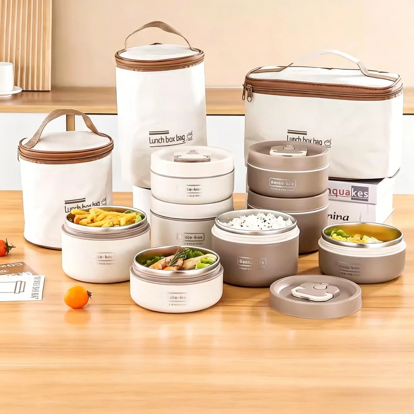 Portable Insulated Lunch Container Set, 304 Stainless Steel Stackable Leak Proof Food Jars with Airtight Lids, Microwave Safe Thermal Bento Bowls with Insulated Lunch Bag for Office School Travel