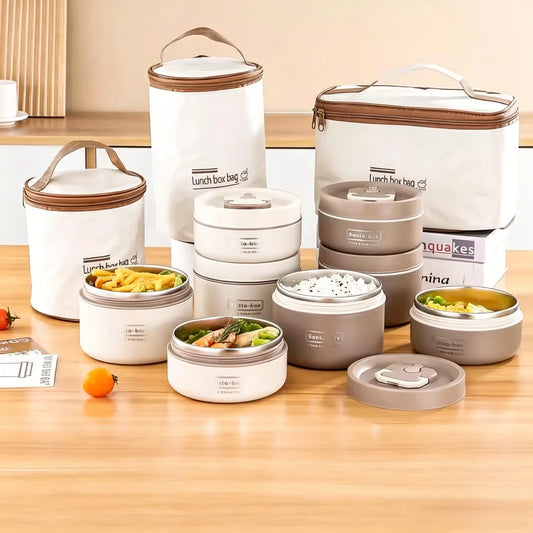 Portable Insulated Lunch Container Set, 304 Stainless Steel Stackable Leak Proof Food Jars with Airtight Lids, Microwave Safe Thermal Bento Bowls with Insulated Lunch Bag for Office School Travel