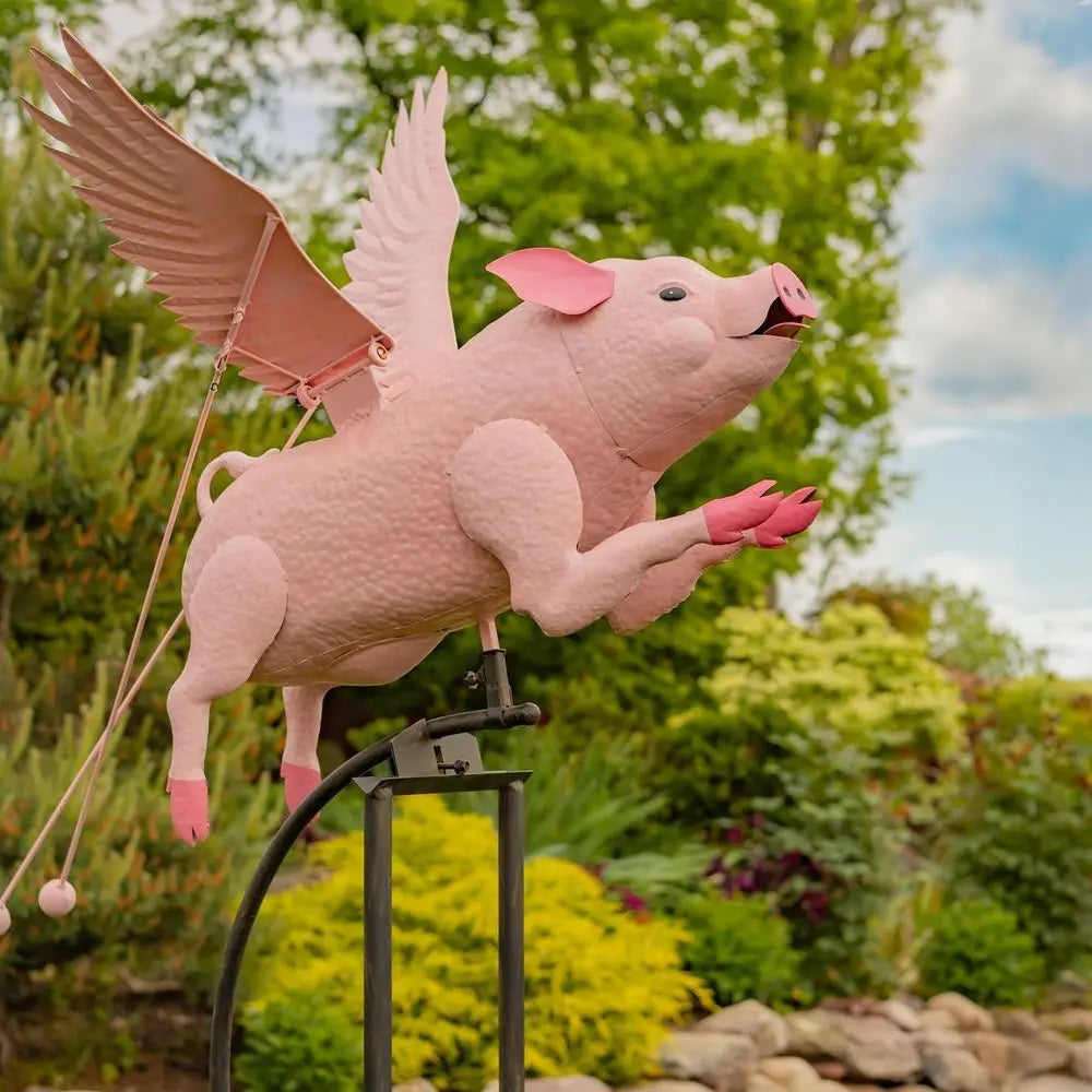 Vintage Pink Porcine Rocking Animal Garden Stake with Flapping Wings