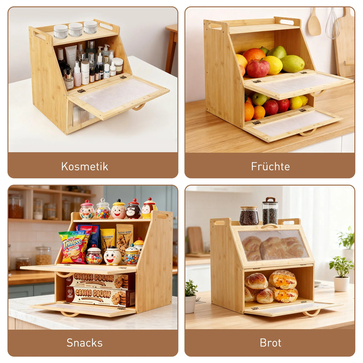 Double Layer Wooden Bread Storage Box Farmhouse Style Countertop Bread Keeper for Kitchen Food Storage
