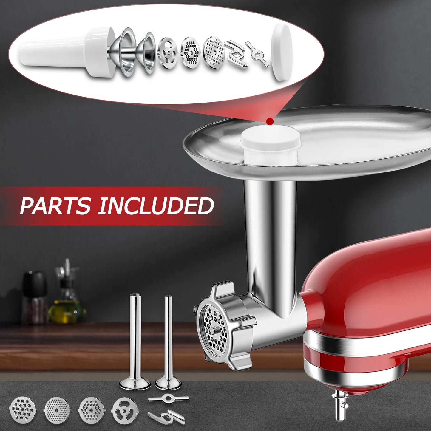 2Set Large 4 Cutting Blades Stainless Steel Slicer Shredder Attachment+Food Meat Grinder Attachment For KitchenAid Dishwasher Safe Vegetable Cheese Grater Accessories