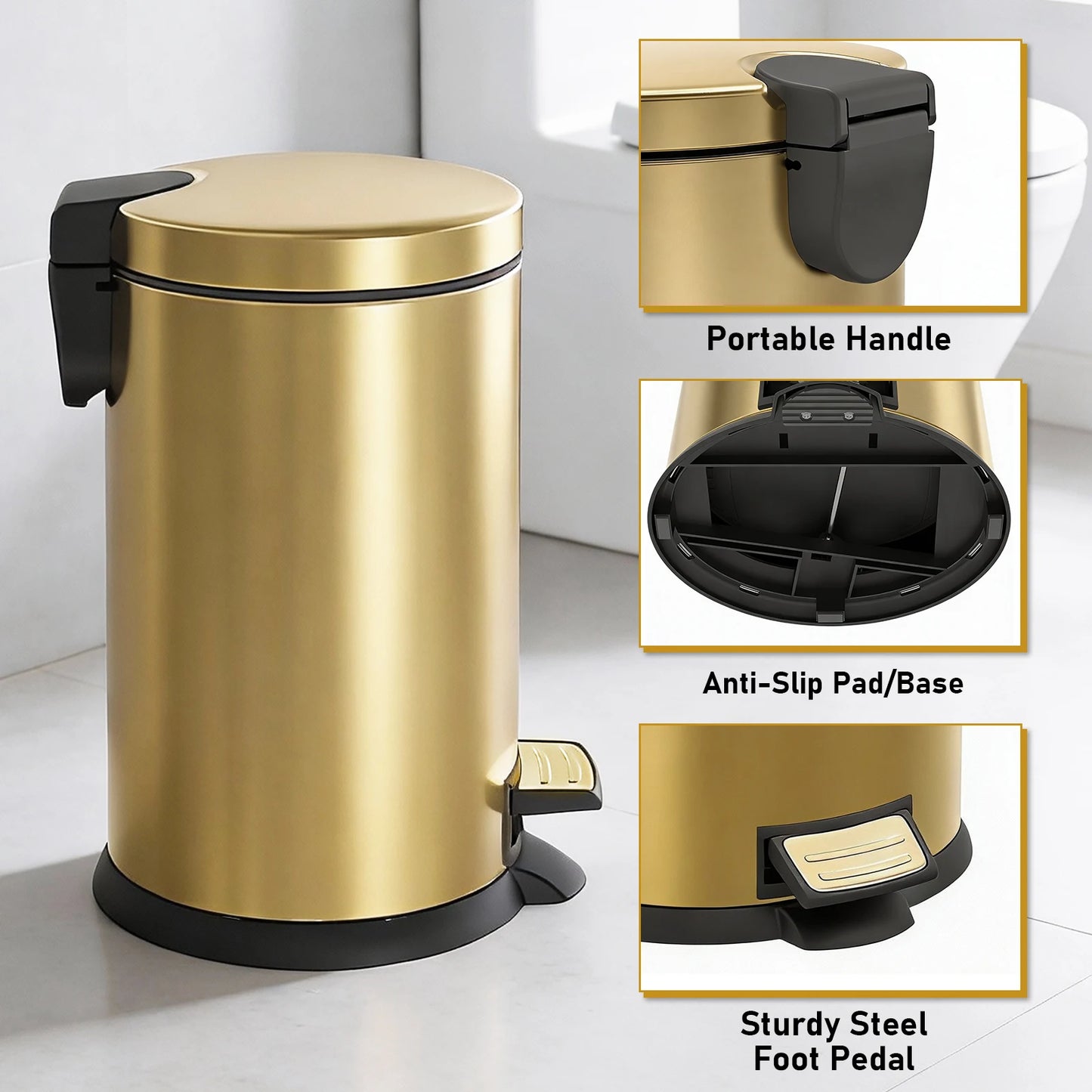 HANSMART Round Stainless Steel Trash Can Non Skid Base