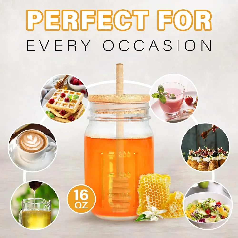 Glass Honey Jar With Dipper And Airtight Lid For Kitchen
