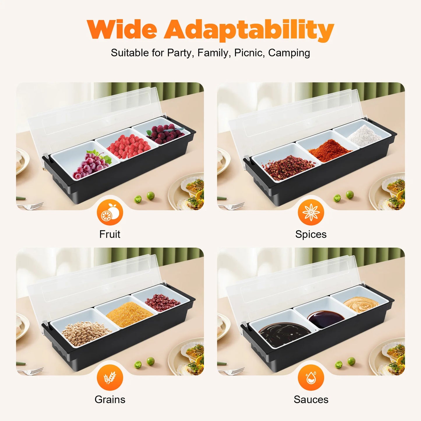 ABS PP5 Plastic Fruit Storage Box with Removable Compartments Ice Tray Bottom Leakproof Cool Condiment Organizer