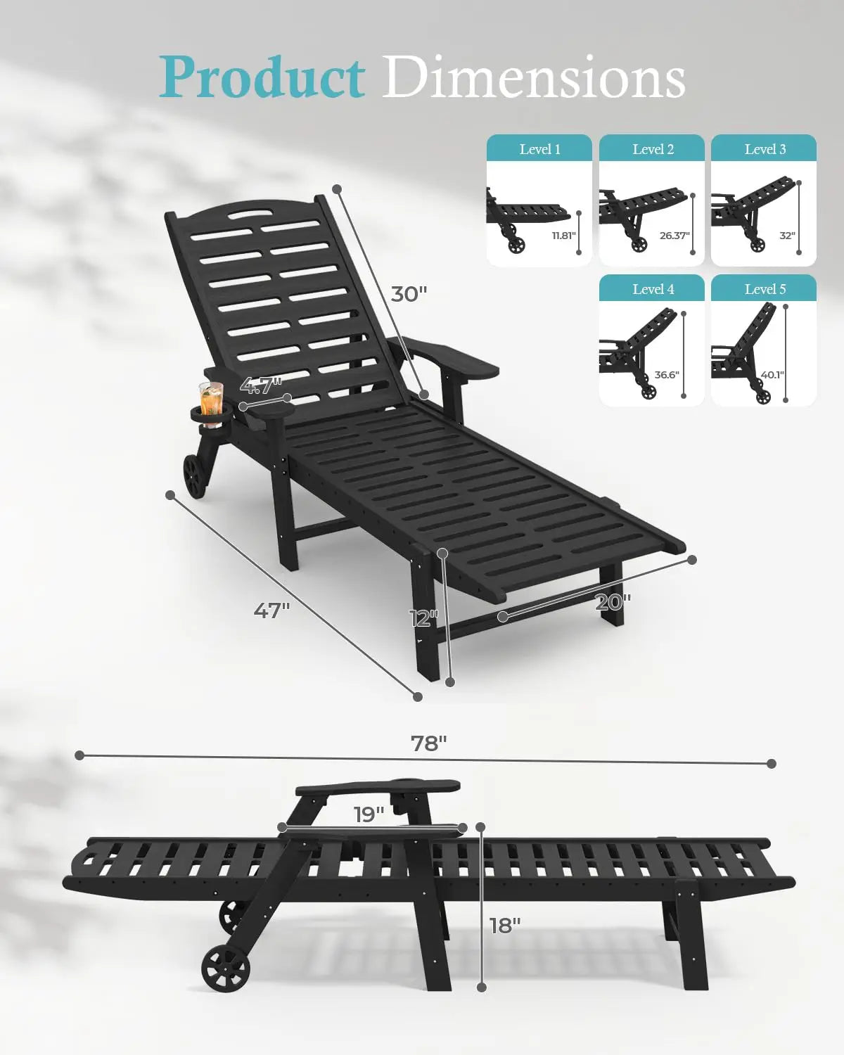 Heavy Duty HDPE Chaise Lounge Chairs Outdoor Set of 4, 5-Position Adjustable Patio Sun Loungers with Wheels & Cup, Customized