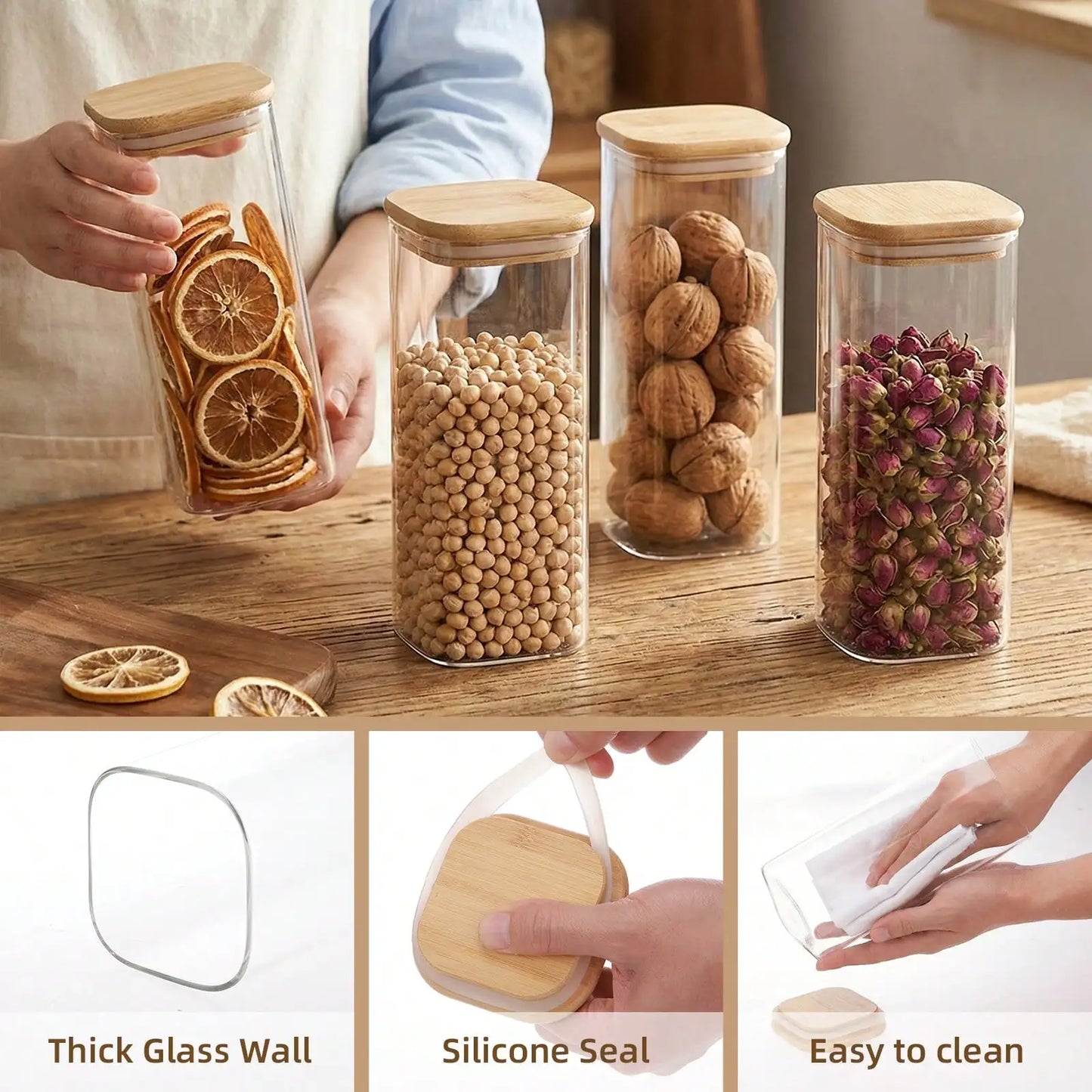 Glass Food Storage Containers Modern Nordic Kitchen Storage Canister Clear Glass With Bamboo Lid 6Pcs Set 1L 34oz Airtight Leakproof For Kitchen Pantry Organization Flour Pasta Coffee