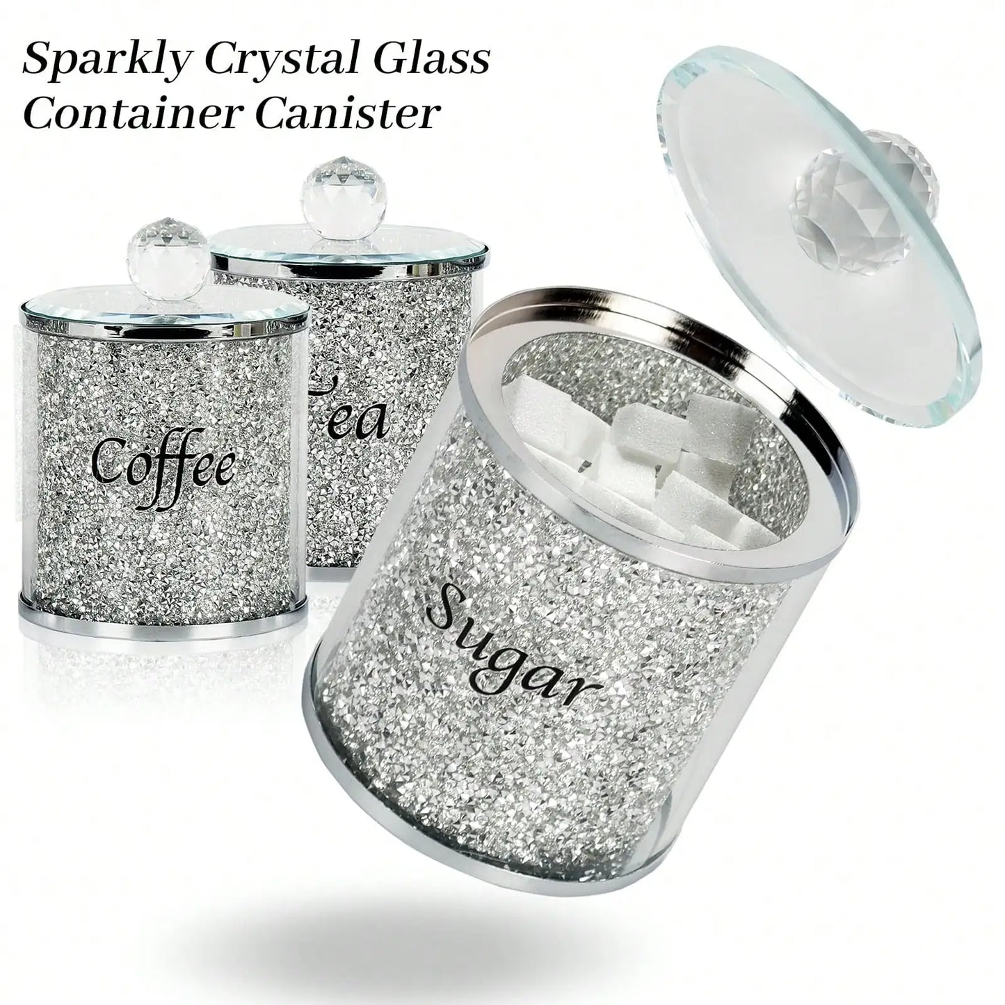 Coffee Sugar Tea Canister Set Sparkly Glam Crushed Diamond Kitchen Storage Container Set 4 Piece Silver Glass Jars With Lids And Mirrored Tray For Kitchen Countertop Coffee Bar Dining Room Home Decor Housewarming Gift