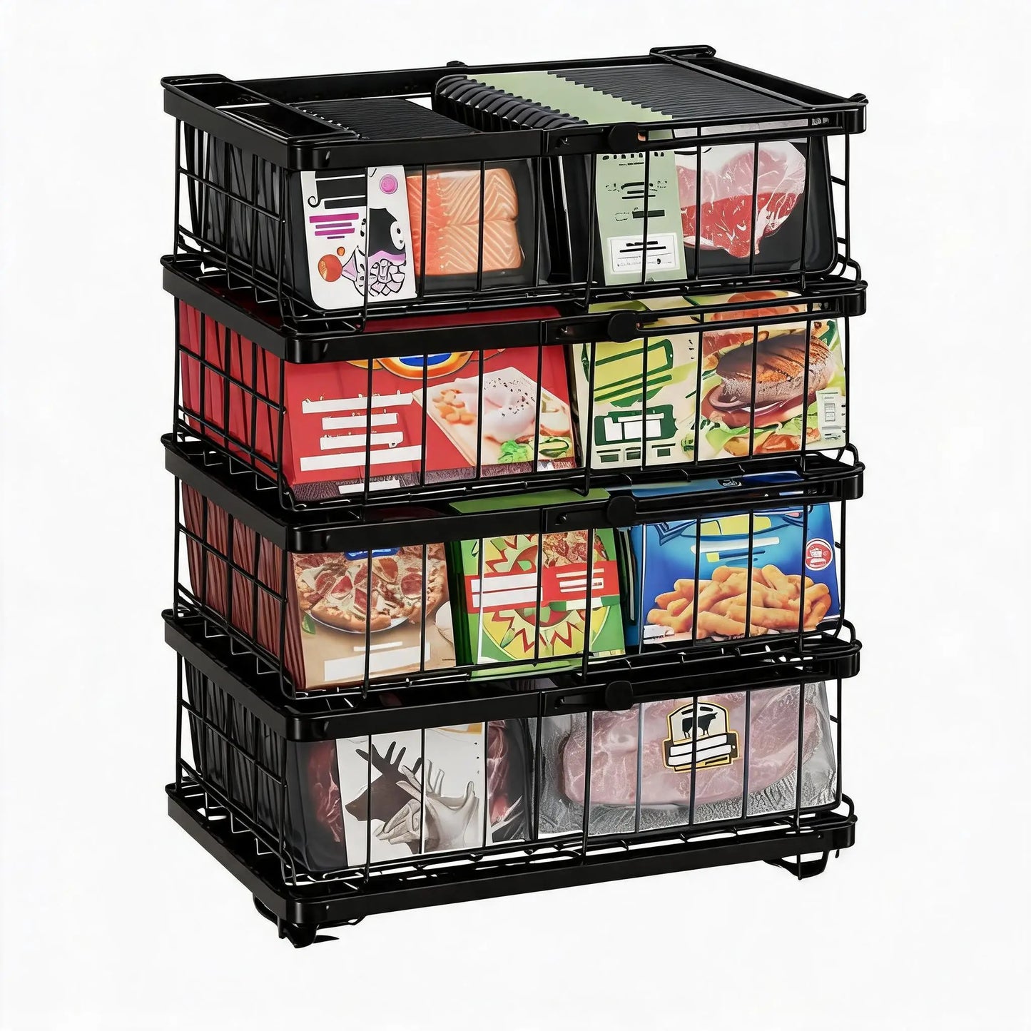 2/4 Pack Expandable Chest Freezer Basket Organiser, Stackable Metal Wire Kitchen Storage Boxes with Fold Down Handles, Pantry Freezer Storage Bins for Bulk Meat & Frozen Food