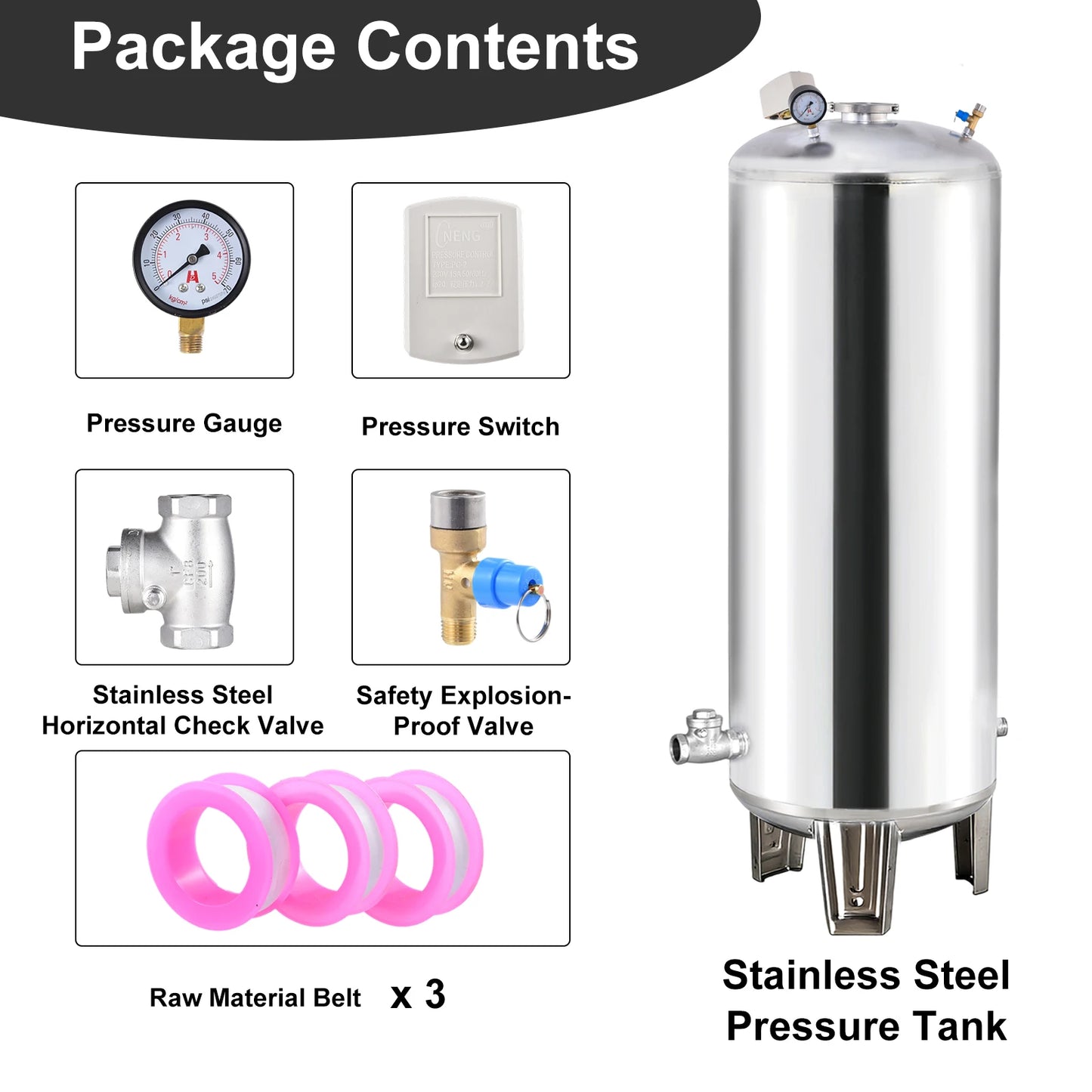 26.4Gal Well Water Pressure Tank, 304 Stainless Steel Pressurized Water Storage Container, Heavy Duty Automatic Booster Tank for Home Farm Garden Kitchen with Mounting Kit