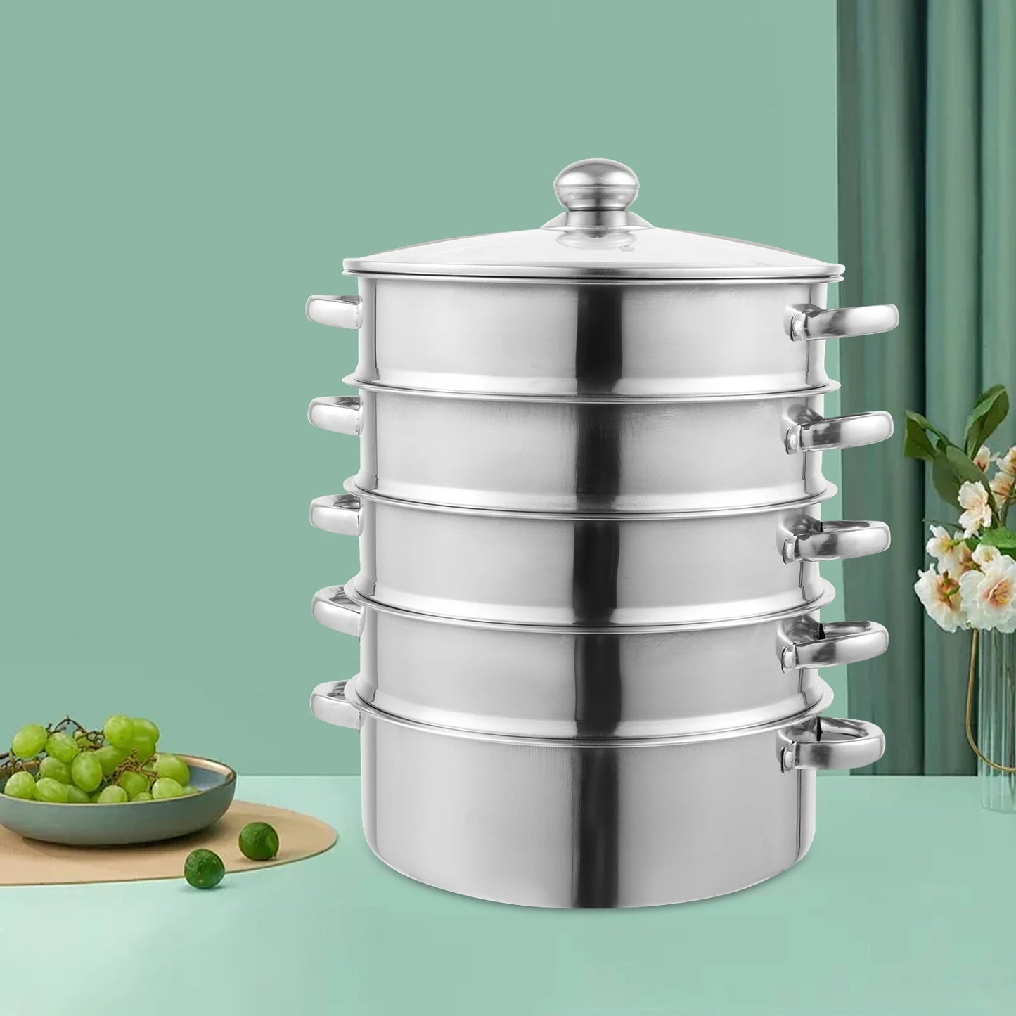 5-Tier Stainless Steel Steamer Pot 304 Food Grade Stackable Cookware