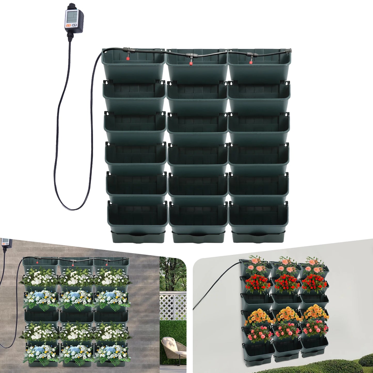 Self-Watering Wall Planter, 18-Pot Hanging Planter, Auto Watering System with Timer, for Indoor Outdoor Garden Wall Decor, Green