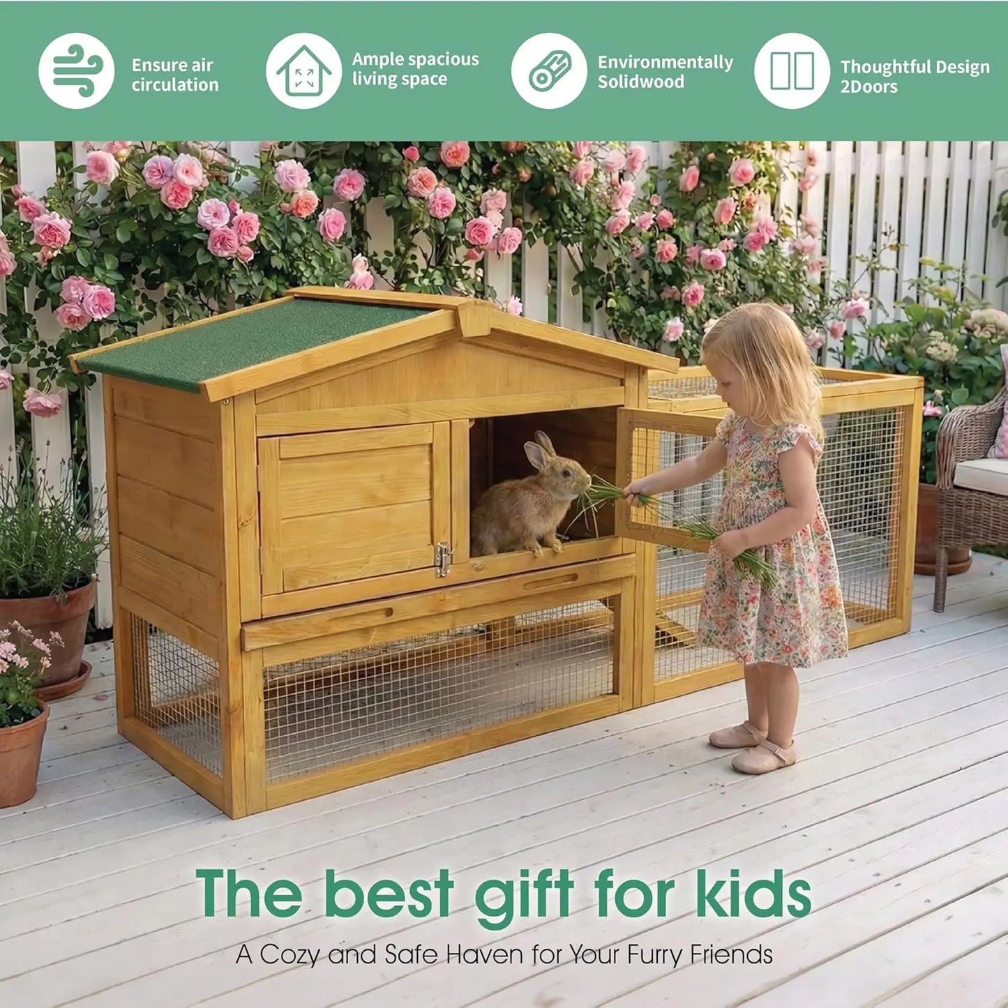 HiMISS 2 Story Wooden Animal Cage Weatherproof Hutch With Tray