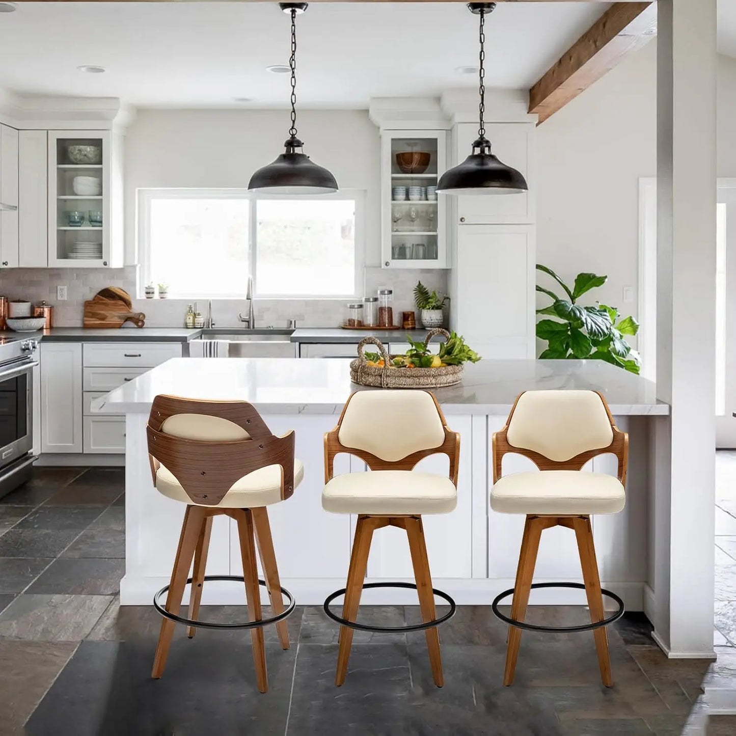 Guangbai Modern Upholstered Bar Stools With Bamboo Legs