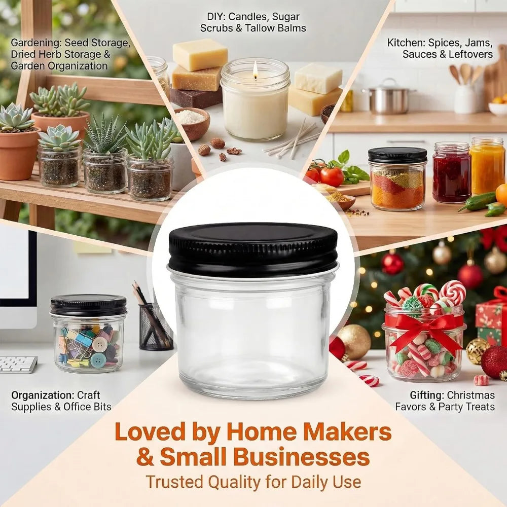 40 Pack 4oz Mini Glass Mason Jars with Black Lids - Spice Canning Jars for Honey, Jam, DIY Favors, Kitchen Storage