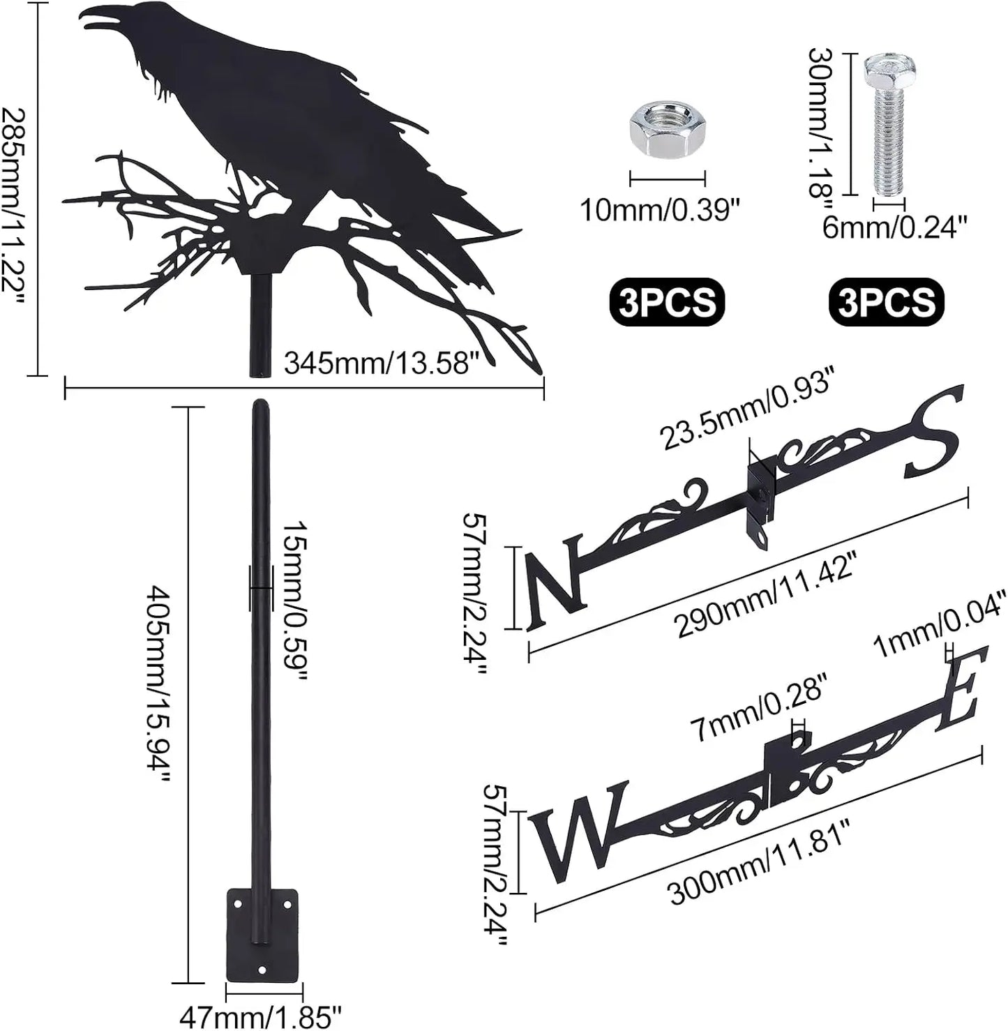 Crow Weathervane Raven Weather Vane for Yard Animal Metal Wind Vanes Roof Mount for Outside Garden Black Weathervanes