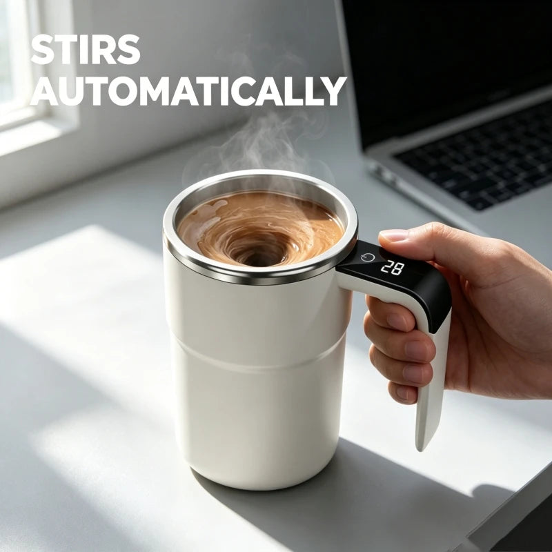 Self Stirring Mug with Temperature Display, 380ML Automatic Mixing Coffee Mug, USB Type-C Rechargeable Electric Stir Cup with Digital LED Screen, 20-Second Auto-Mix for Coffee Cocoa Protein Shake, 304 Stainless Steel Inner Wa
