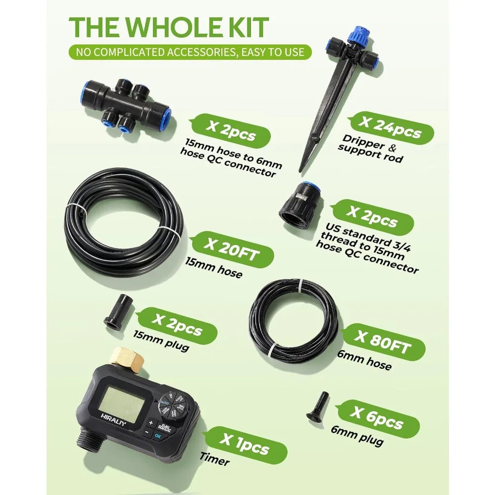 100FT Drip Irrigation Kit with Timer, Quick-Connect Garden Watering System, 24 Adjustable Drippers for Raised Beds, Lawn & Greenhouse
