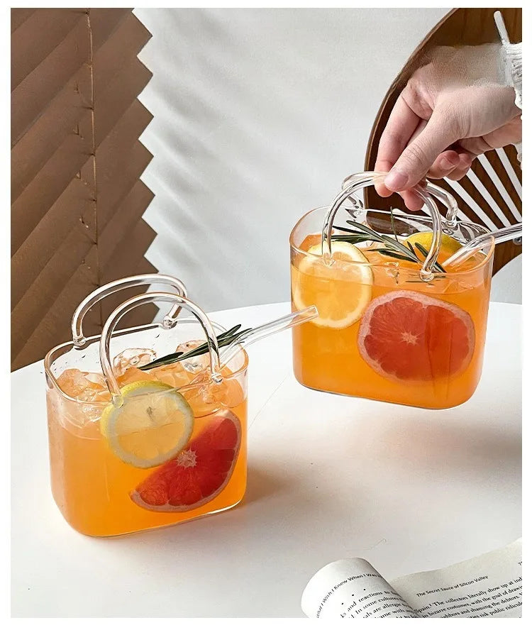 Creative Portable Handbag Glass Cup With Straw Fruit Wine Glass
