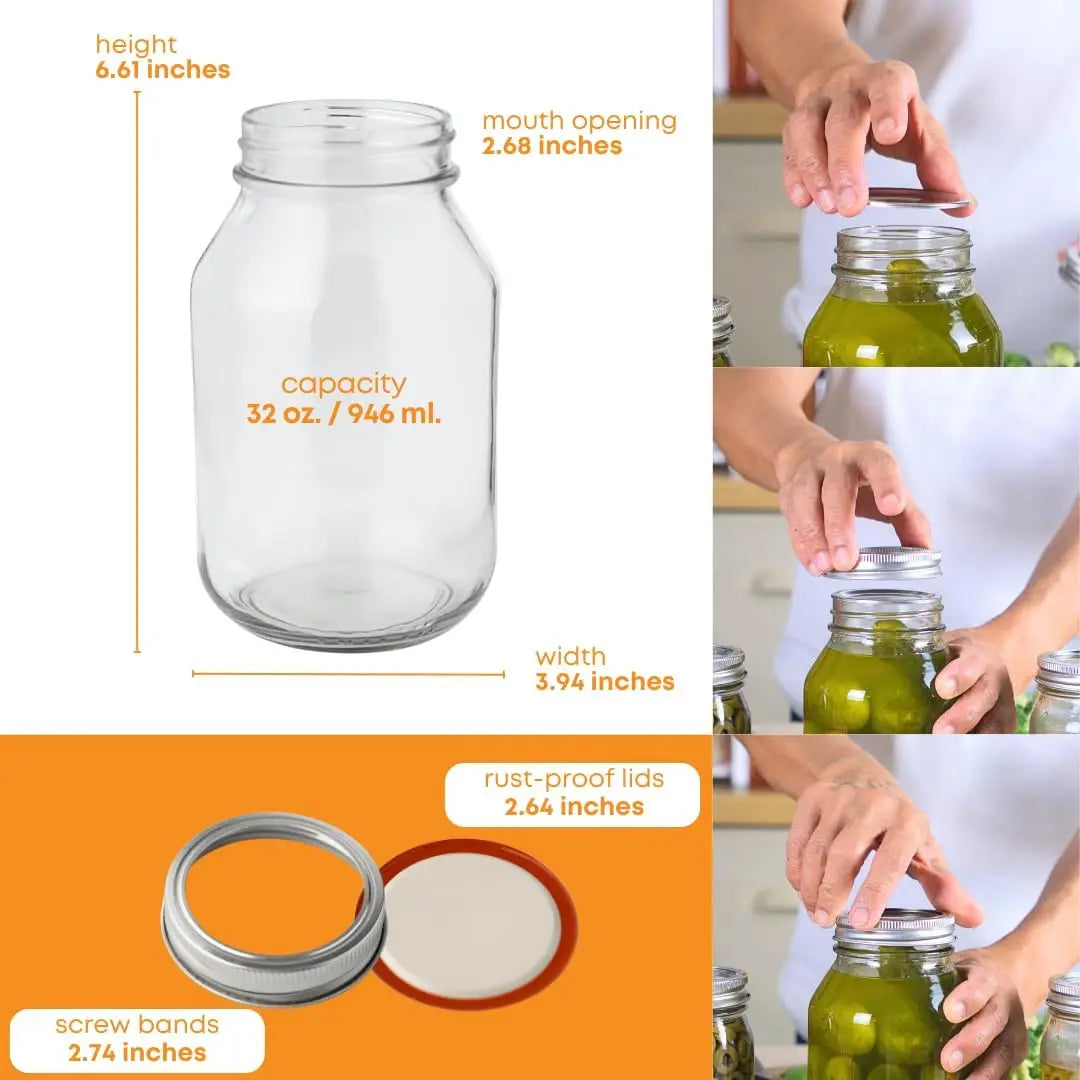 32 oz Regular Mouth Mason Jars with Lids – Pack of 2 Quart Canning Jars for Food Storage, Pickling, Fermentation, Crafts – Reusable Airtight Large Glass Mason Jar