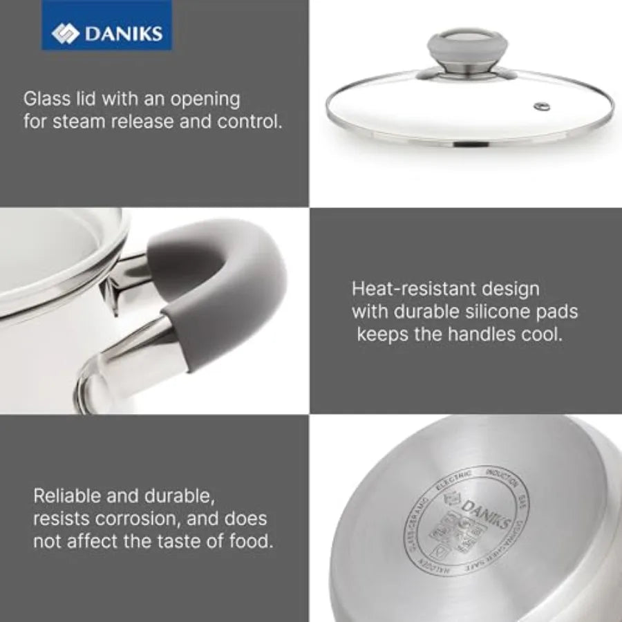 Stainless Steel 10 Piece Cookware Set With Glass Lids Induction Compatible