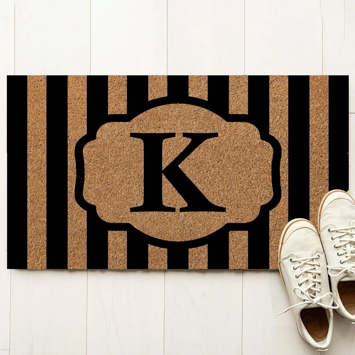 Custom Black Striped Initial Doormat Personalized Monogrammed Doormat For Front Door Mat For Indoor Outdoor Entrance Welcome Mat