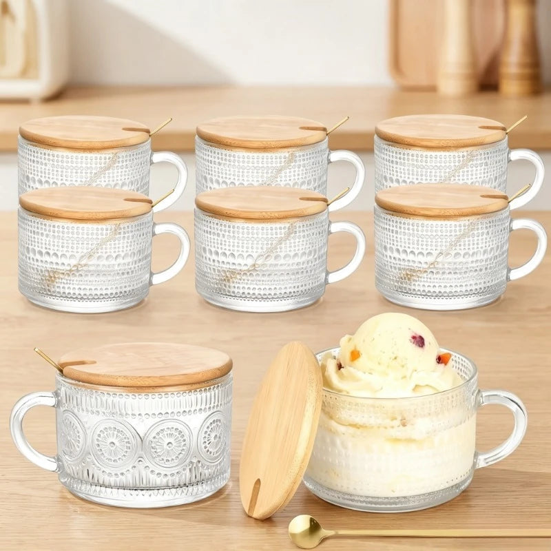 8‑Pack Embossed Glass Coffee Mugs Set with Bamboo Lids and Golden Spoons, Clear Vintage Texture Glass Cups, Oatmeal Yogurt Dessert Bowls, Drinking Tumbler for Tea, Milk, Juice, Home Kitchen Daily‑Use Drinkware