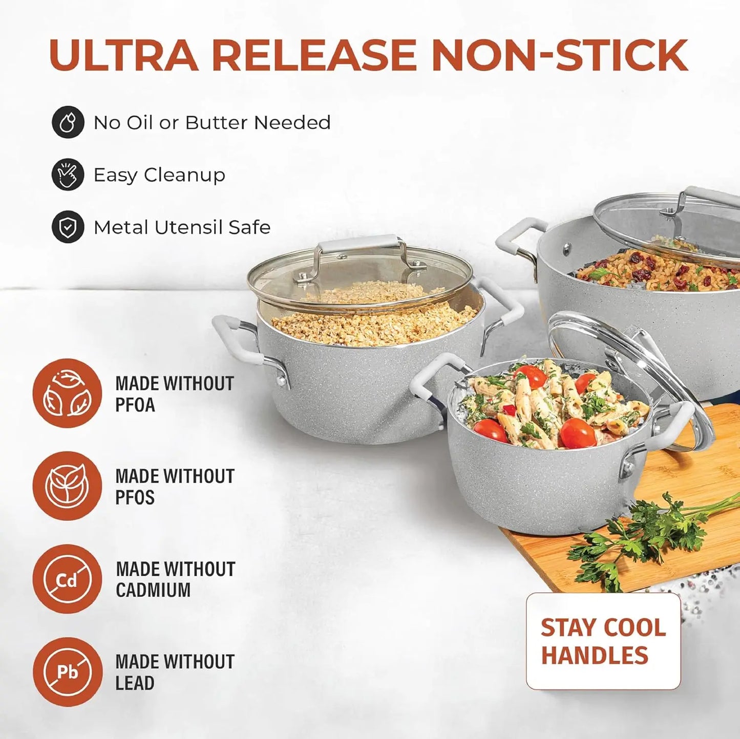 Nonstick Stackable Pots Set Six Piece Gray Granite Coated Cookware Lids