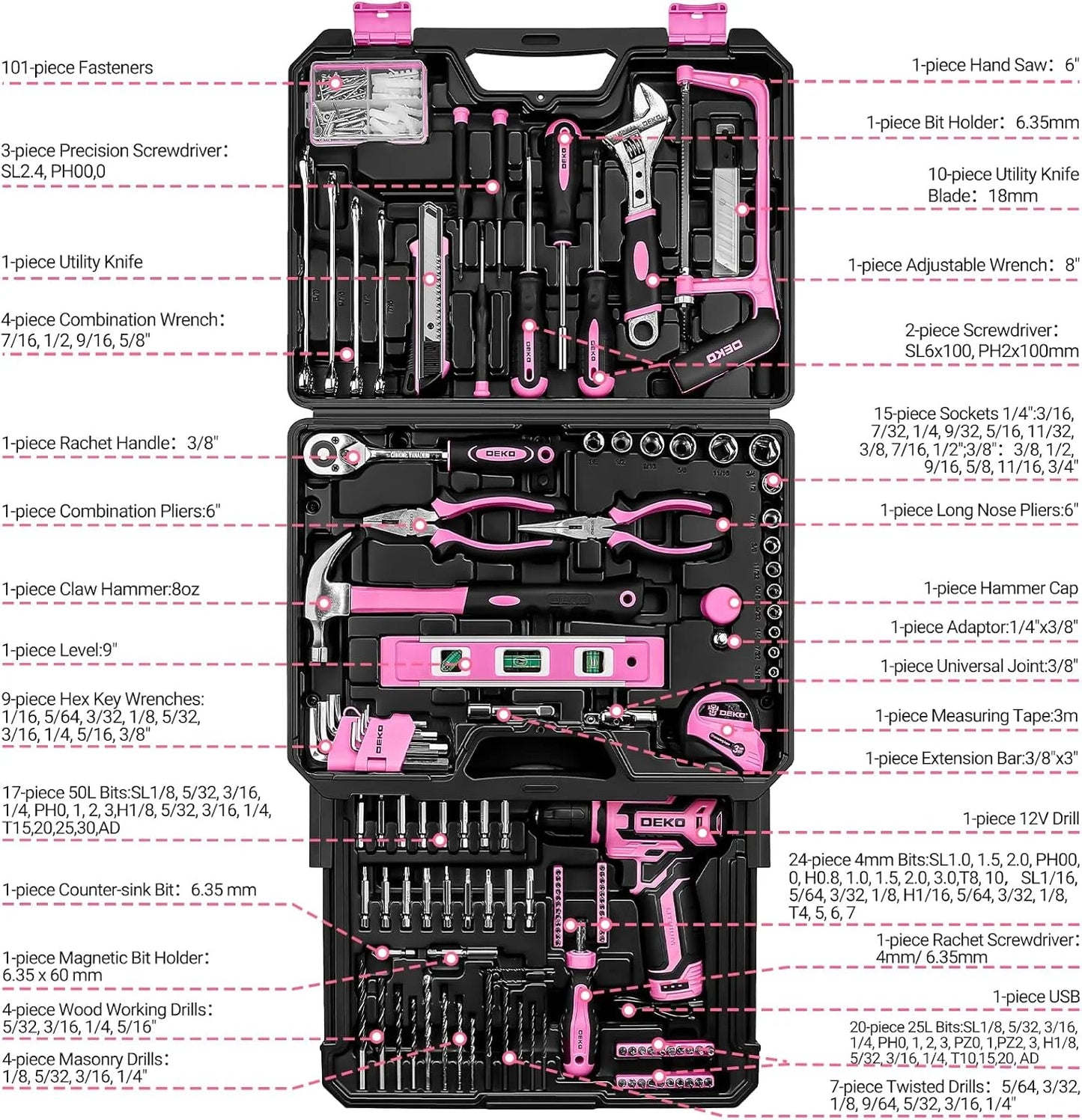 DEKO Cordless Drill Tool Set and Mechanic Toolbox