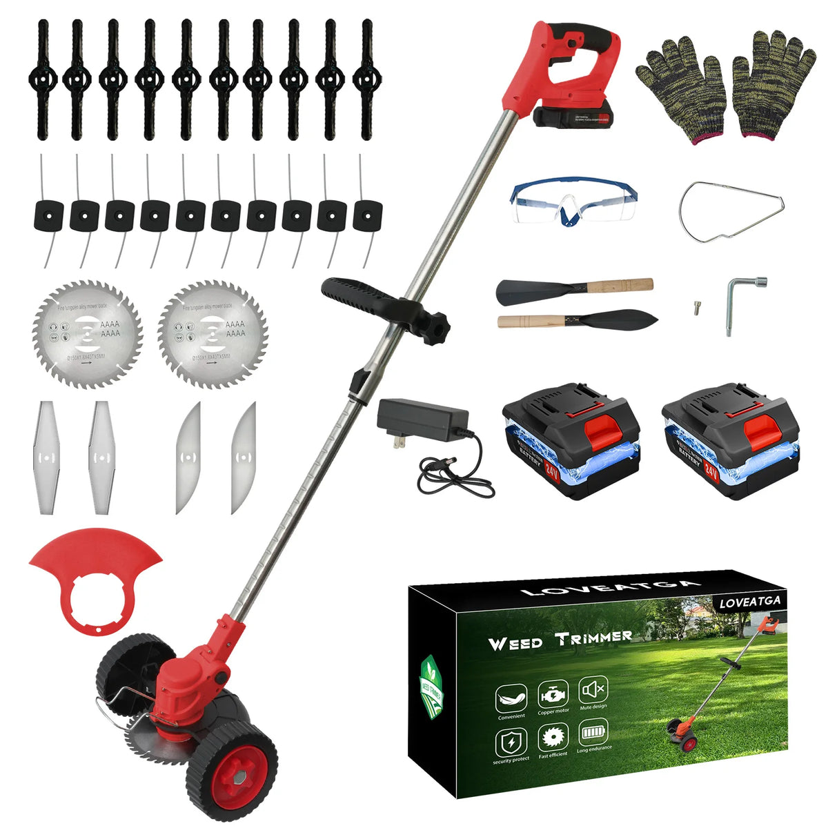 21V Cordless Grass Trimmer Electric 3-in-1 Lightweight with 2x2.0Ah Lithium-ion Batteries Charger Lawn Mower Edger Brush Cutter