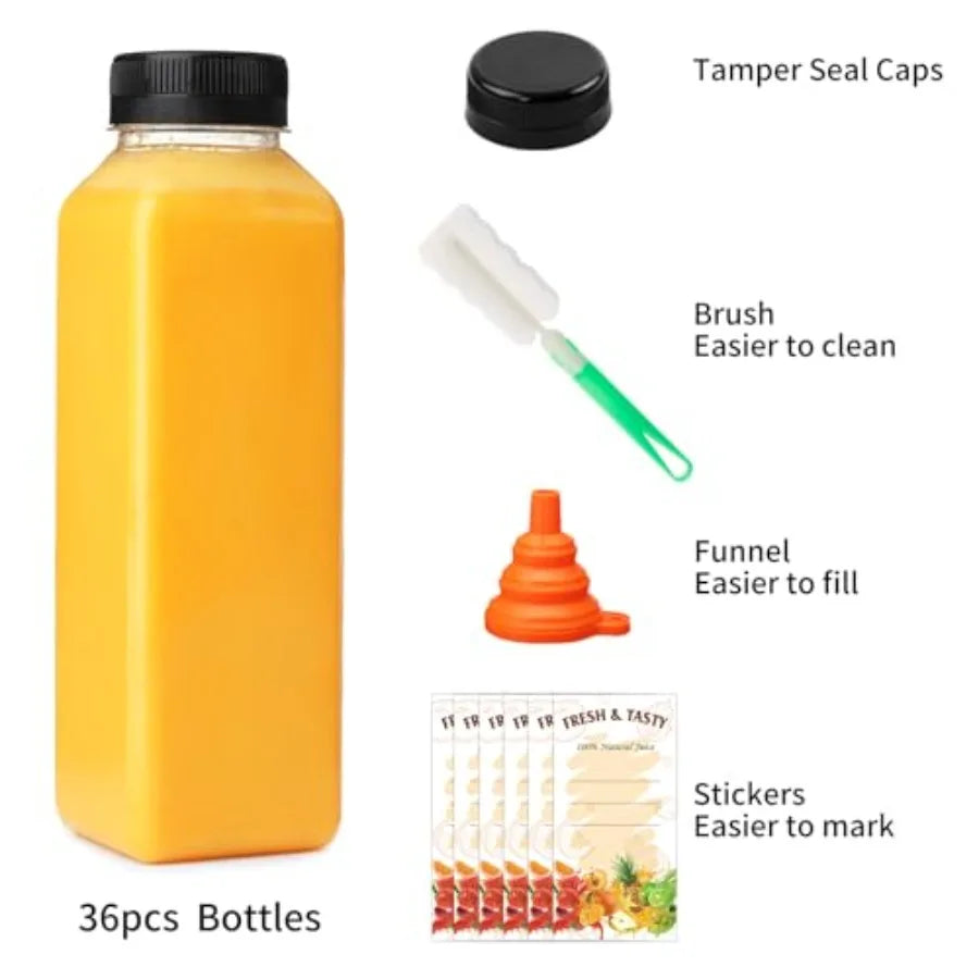 202636pcs 16oz Empty Plastic Juice Bottles with Caps Reusable Clear Bulk Beverage Containers Ideal for Packaging Fresh Juice Mi