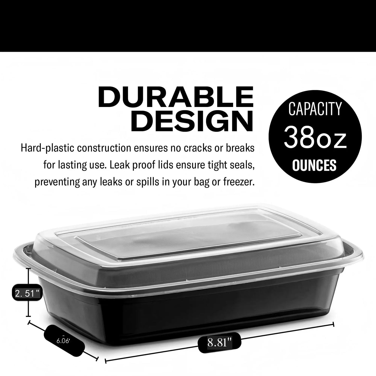150-Piece Set of Black Rectangular Lunch Boxes, 38 oz. Stackable, Leak-Proof Food Storage Containers, Disposable Lunch Boxes
