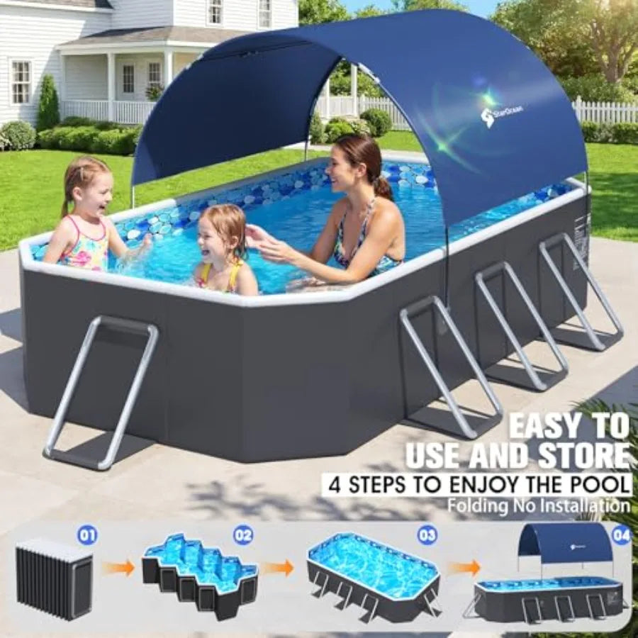 Foldable Pool With Canopy For Backyard Use Non-Inflatable Portable Collapsible