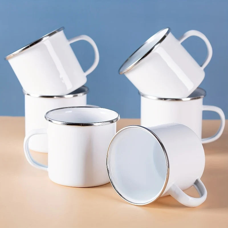 12-Pack Enamel Mugs, 12oz Plain White with Silver Rim for Camping, Kitchen & Large Gatherings