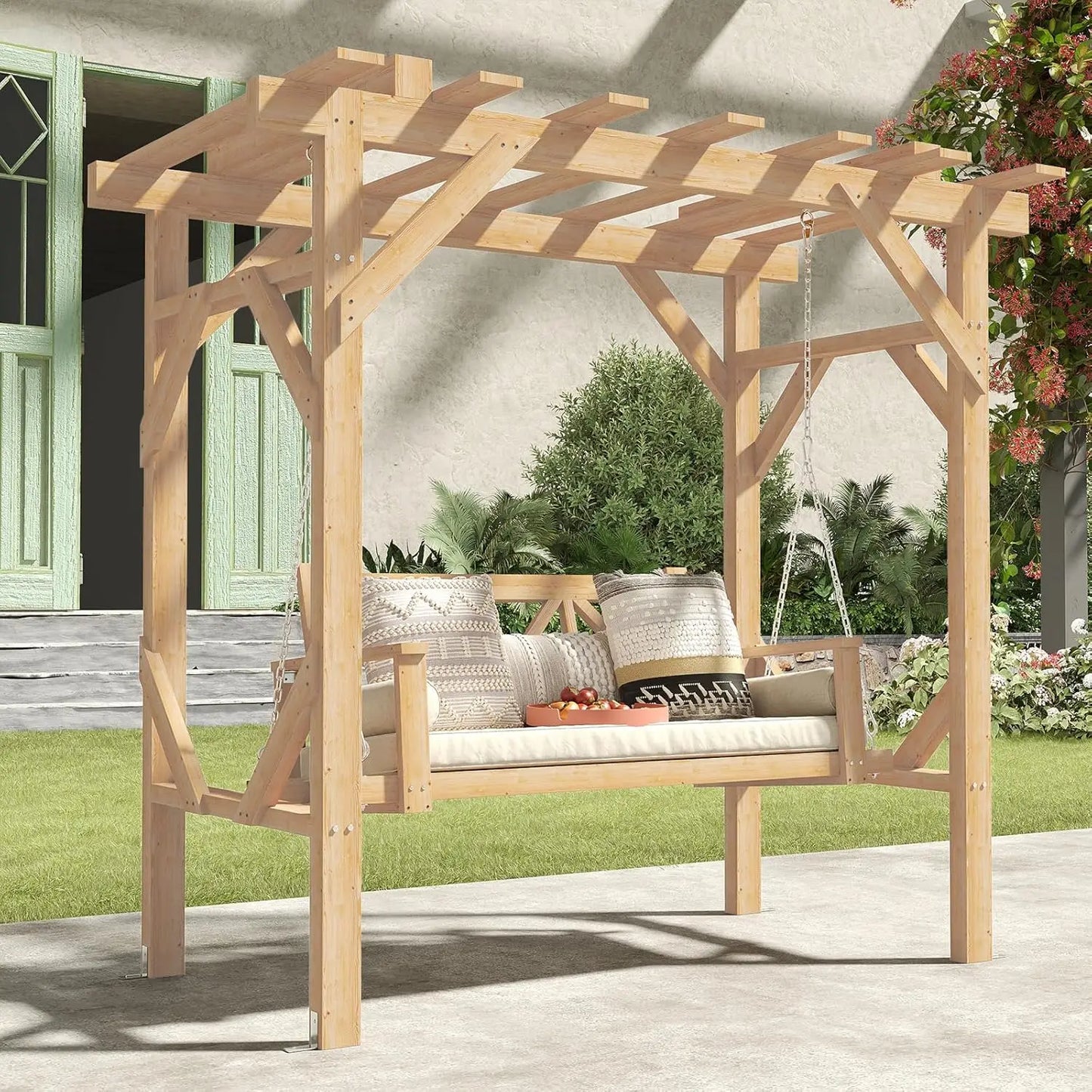 Cedar Wood Pergola Swing Bench 3 Seat With Canopy Chains