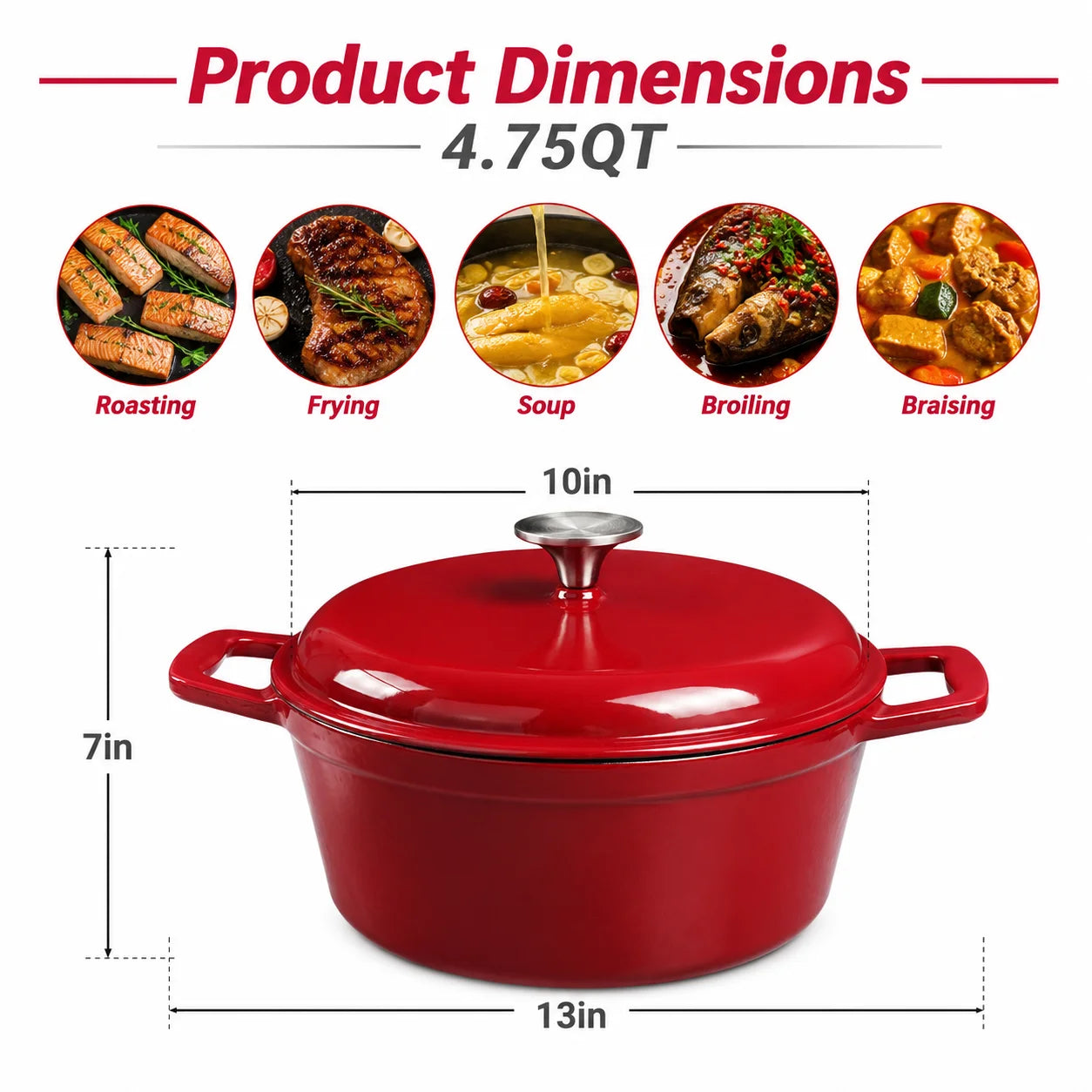 HanSmart Enameled Cast Iron Dutch Oven With Lid For Braising