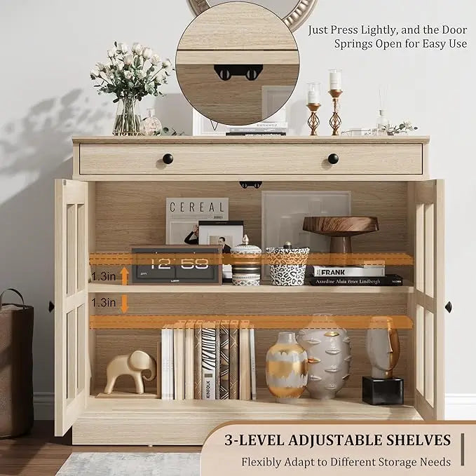 HiMISS Oak Sideboard Buffet Cabinet With Glass Doors And Drawer