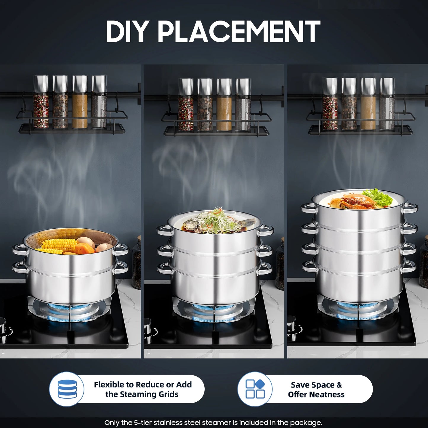 5 Tier 304 Stainless Steel Steamer Pot With Clear Lid