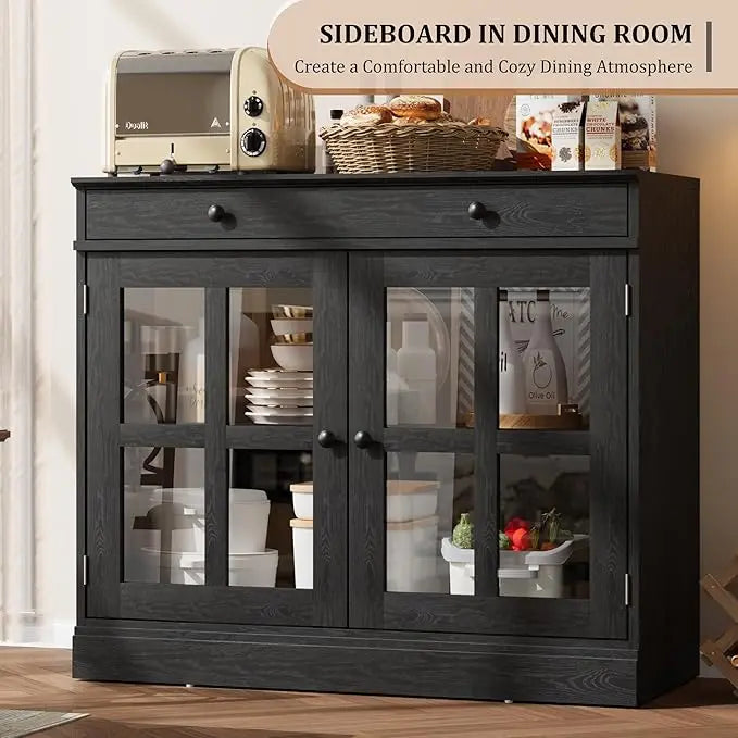 HiMISS Oak Sideboard Buffet Cabinet With Glass Doors And Drawer