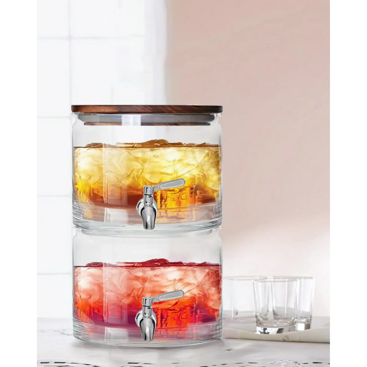 Stacking Glass Beverage Dispenser Acacia Wood Lid Easy Pour Spigot