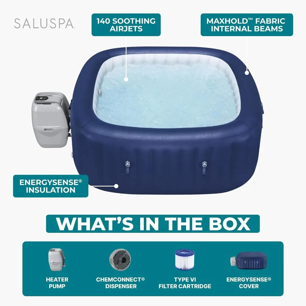 Energy‑Efficient Square Inflatable Hot Tub, Portable Outdoor Spa, 4‑6 Person, 140 AirJets, 71", Custom