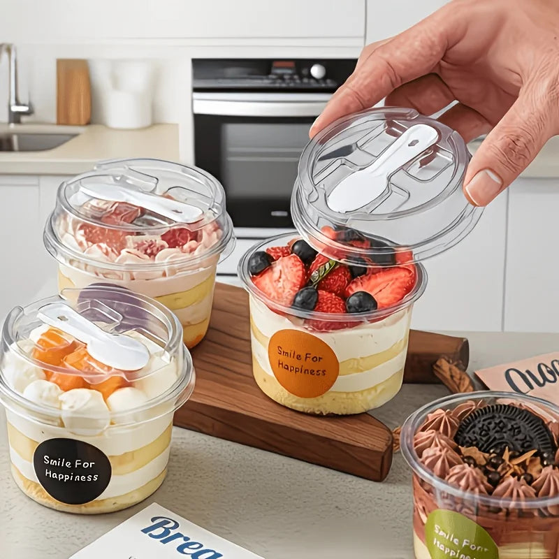 100pcs (50 Cups + 50 Lids) Round Dessert Cups With Lids & Spoons - Reusable Plastic Cake Containers, Ideal For Weddings, Birthda