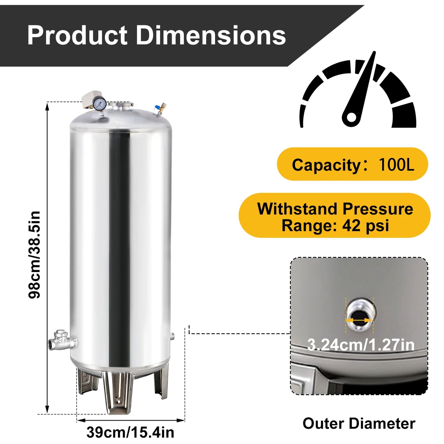 26.4Gal Well Water Pressure Tank, 304 Stainless Steel Pressurized Water Storage Container, Heavy Duty Automatic Booster Tank for Home Farm Garden Kitchen with Mounting Kit