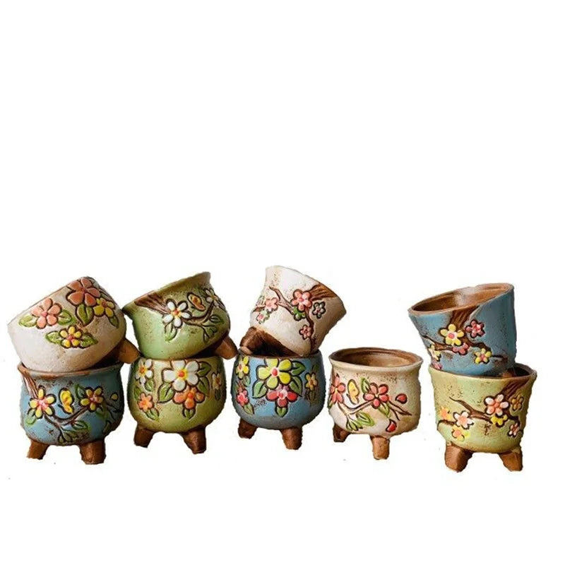 Retro Ceramic Flower Pot Hand Painted Planter For Desk Decor