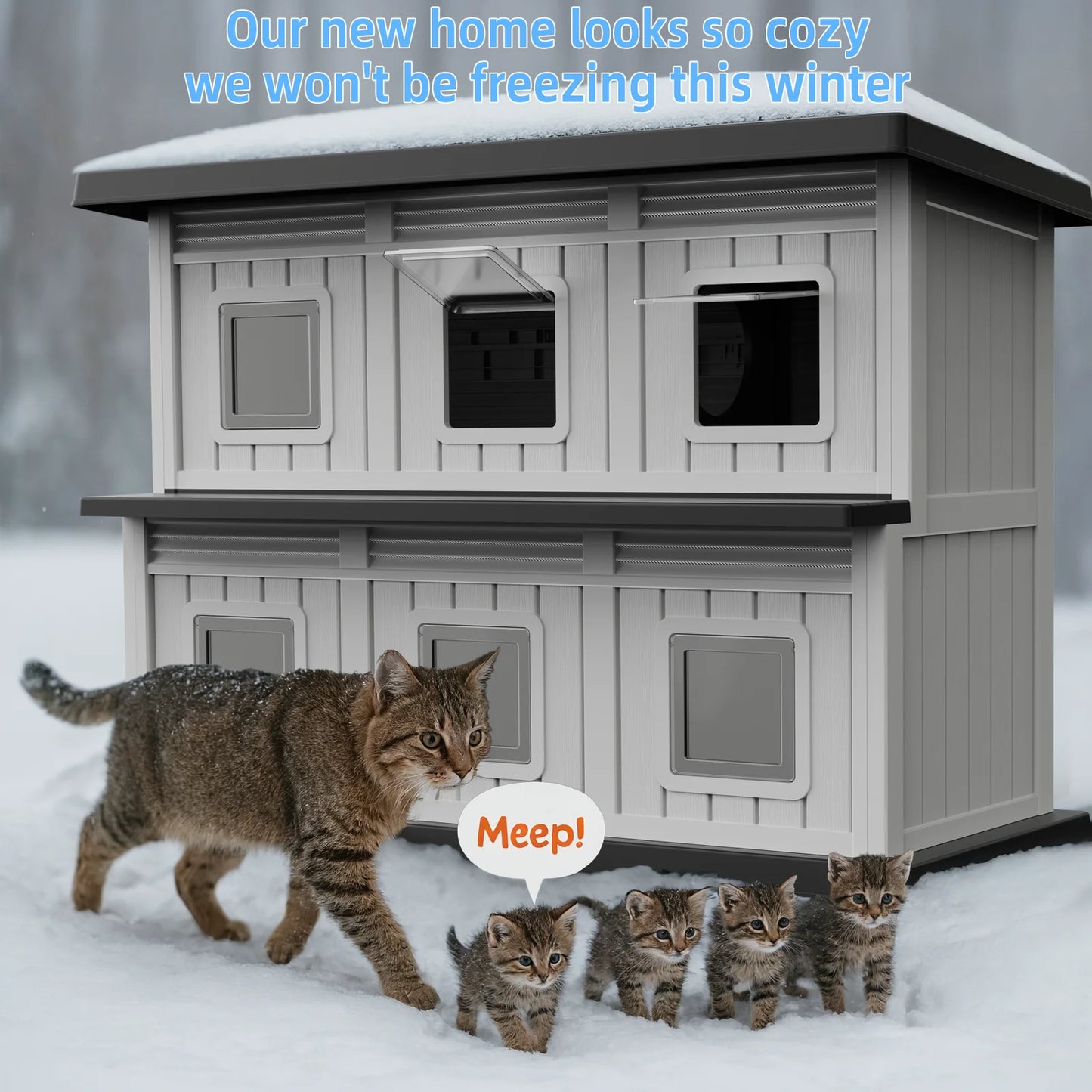 2-Tier Resin Cat House, Weatherproof Double Layer Outdoor Cat Apartment with Multiple Access Doors for Indoor Outdoor Use