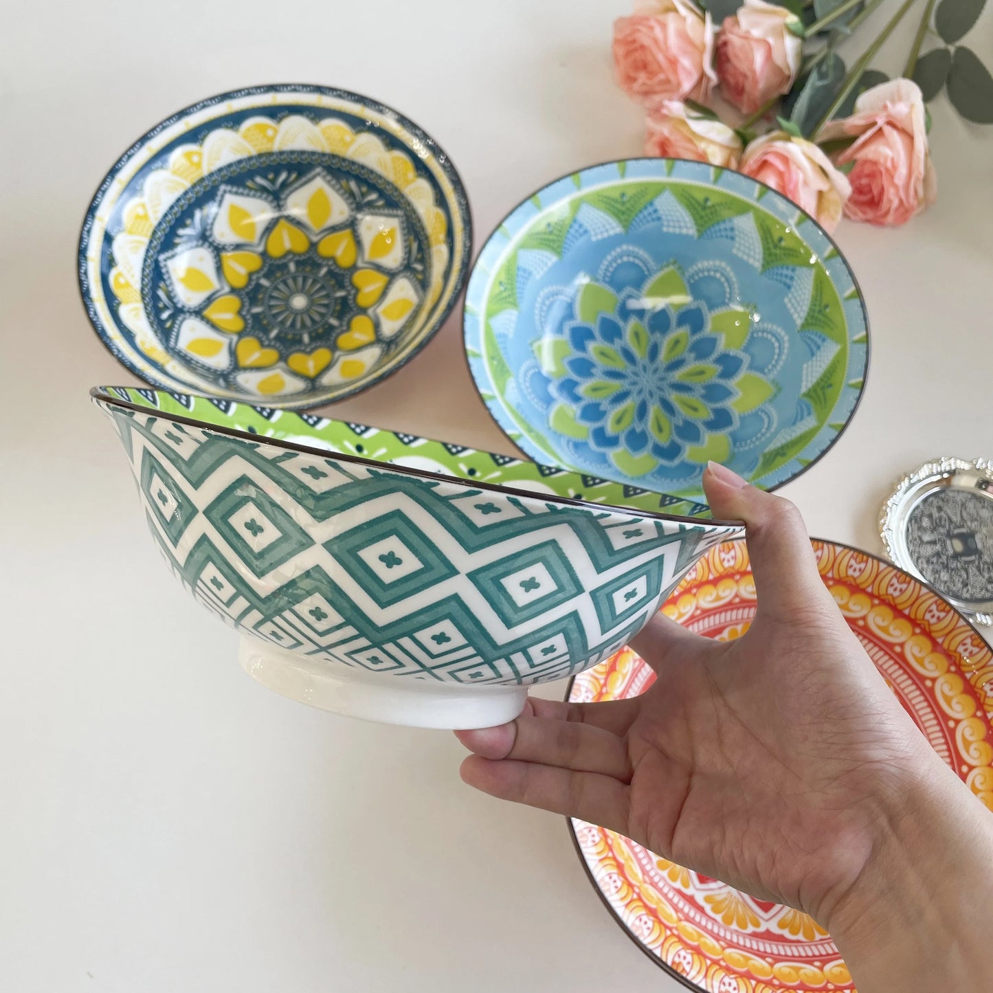 Bohemian Ceramic Soup Bowl Set, Microwave And Dishwasher Safe, Ramen Pasta Bowls