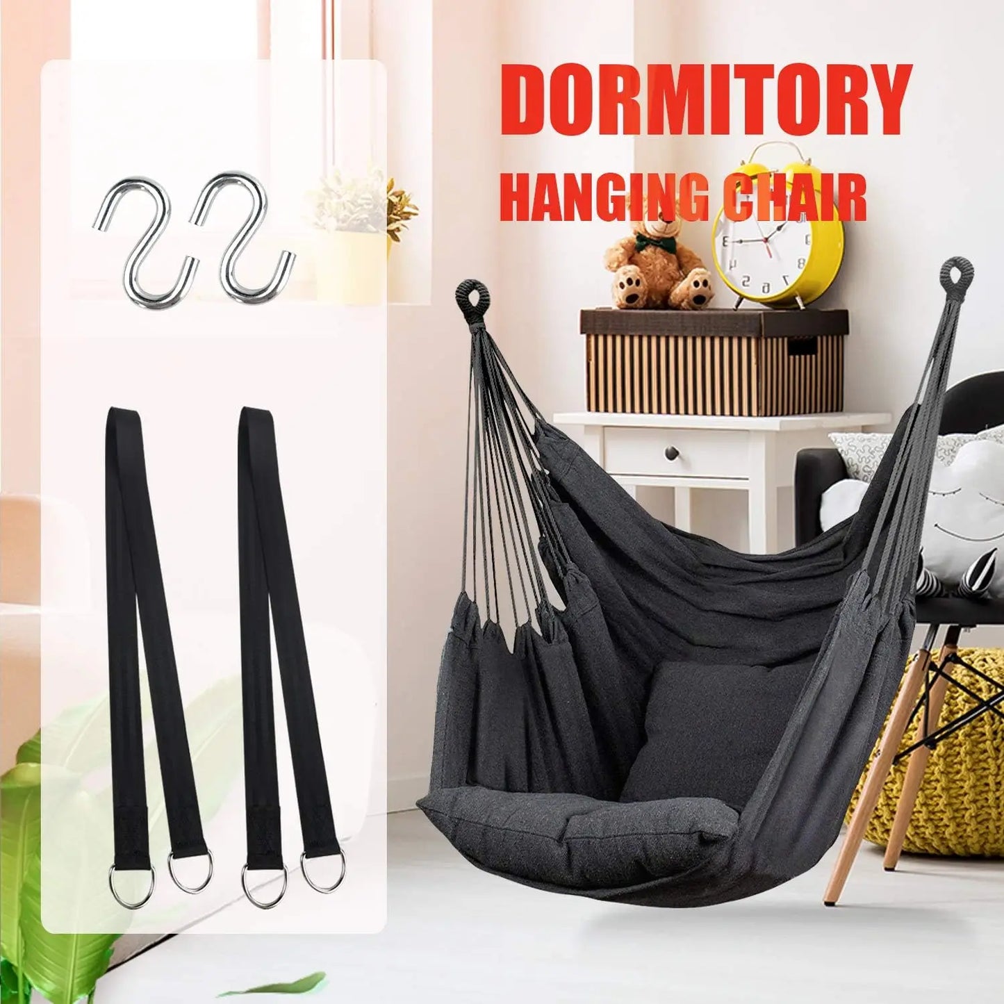 Hammock Chair Hanging Rope Swing, Max 300 Lbs Hanging Chair with Pocket & Durability Perfect for Outdoor, Home, Bedroom, Patio,